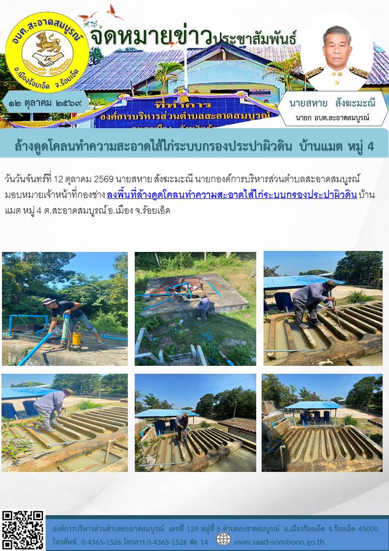 วันจันทร์ที่ 12 ตุลาคม 2569 นายสหาย สังฆะมะณี นายกองค์การบริหารส่วนตำบลสะอาดสมบูรณ์ มอบหมายเจ้าหน้าที่กองช่าง ลงพื้นที่ล้างดูดโคลนทำความสะอาดไส้ไก่ระบบกรองประปาผิวดิน บ้านแมต หมู่ 4 ต.สะอาดสมบูรณ์ อ.เมือง จ.รัอยเอ็ด