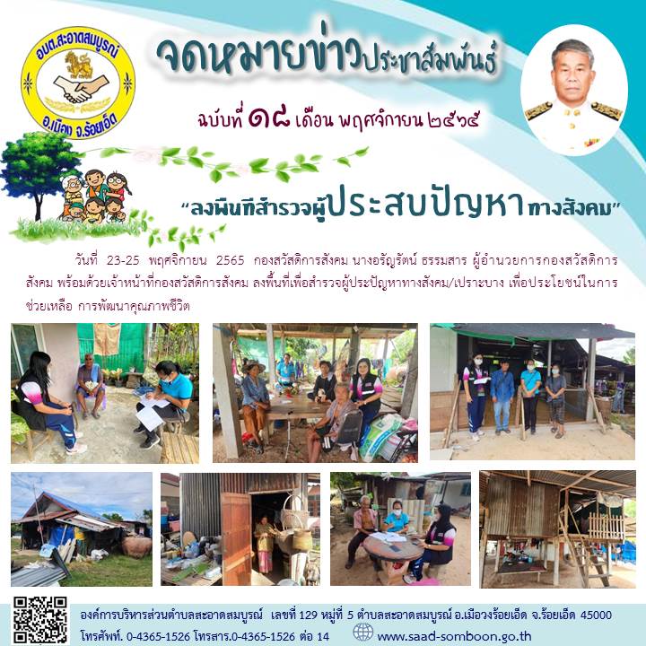 วันที่  23-25  พฤศจิกายน  2565  กองสวัสดิการสังคม นางอรัญรัตน์ ธรรมสาร ผู้อำนวยการกองสวัสดิการสังคม พร้อมด้วยเจ้าหน้าที่กองสวัสดิการสังคม ลงพื้นที่เพื่อสำรวจผู้ประปัญหาทางสังคม/เปราะบาง เพื่อประโยชน์ในการช่วยเหลือ การพัฒนาคุณภาพชีวิต
